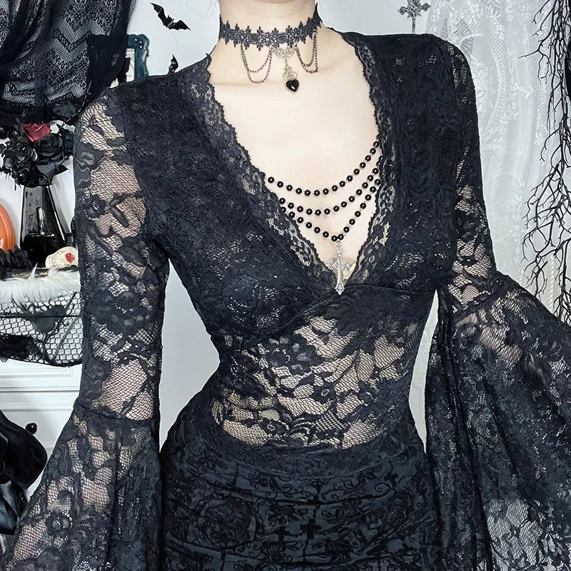 Goth Dark Cutecore Lace See Through Pullovers Tops Thin Sexy V-neck Flare Sleeve T-shirts Mall Gothic Bead Chain Decor Blouses