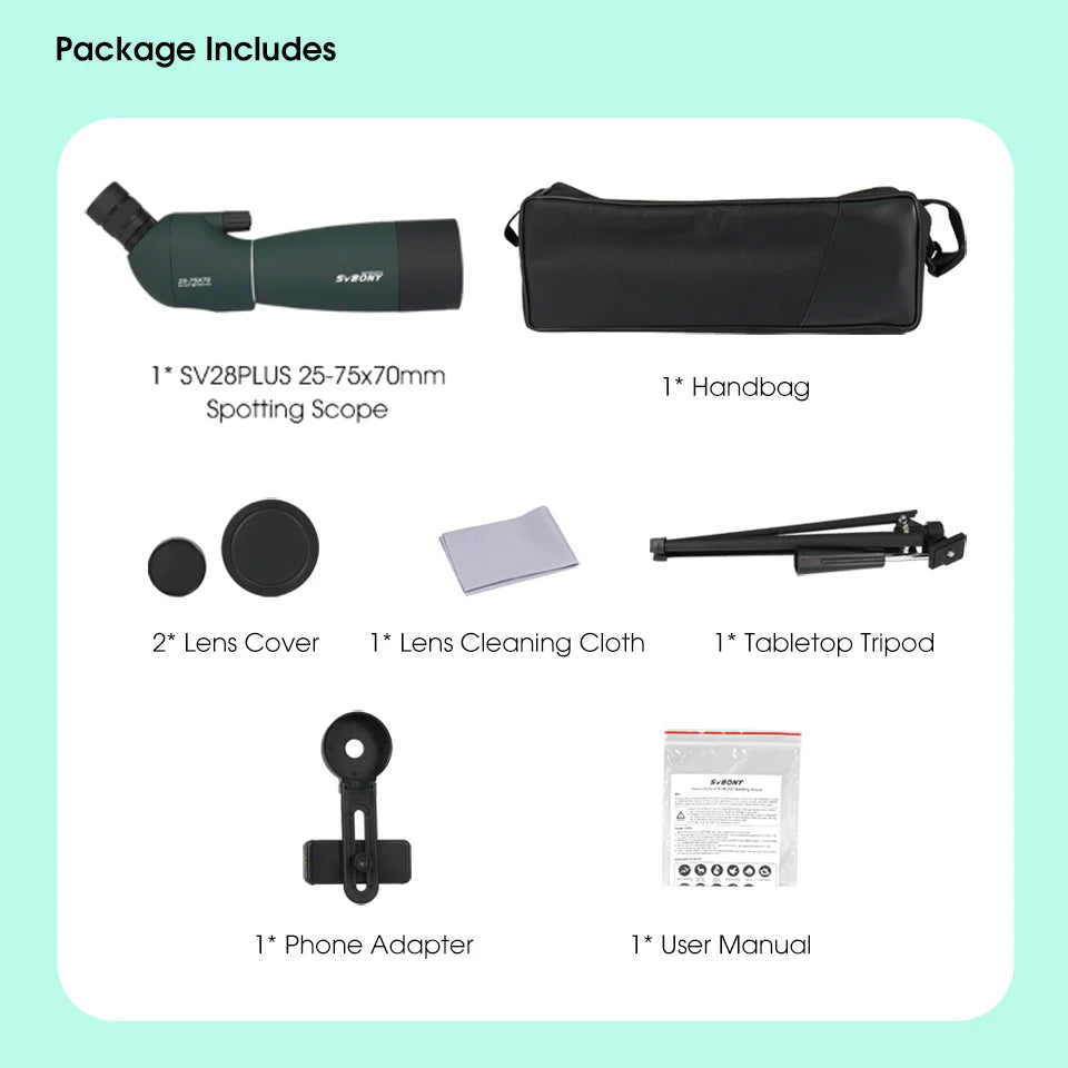 Svbony SV28plus 50/60/70mm Spotting Scope Powerful Zoom Telescope Long Range PORRO Prism Suit Archery Target Shooting Camping