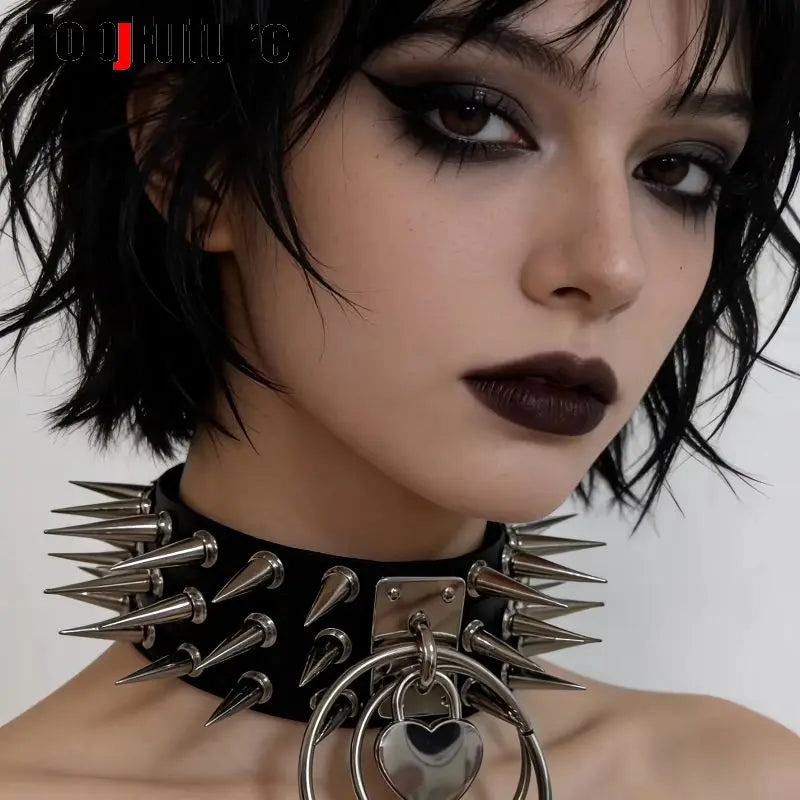 Women Men Spice Y2K Girl Harajuku Gothic Lolita Cosplay PU Punk Rivet Metal Necklace Streetwear Subculture Leather Choker