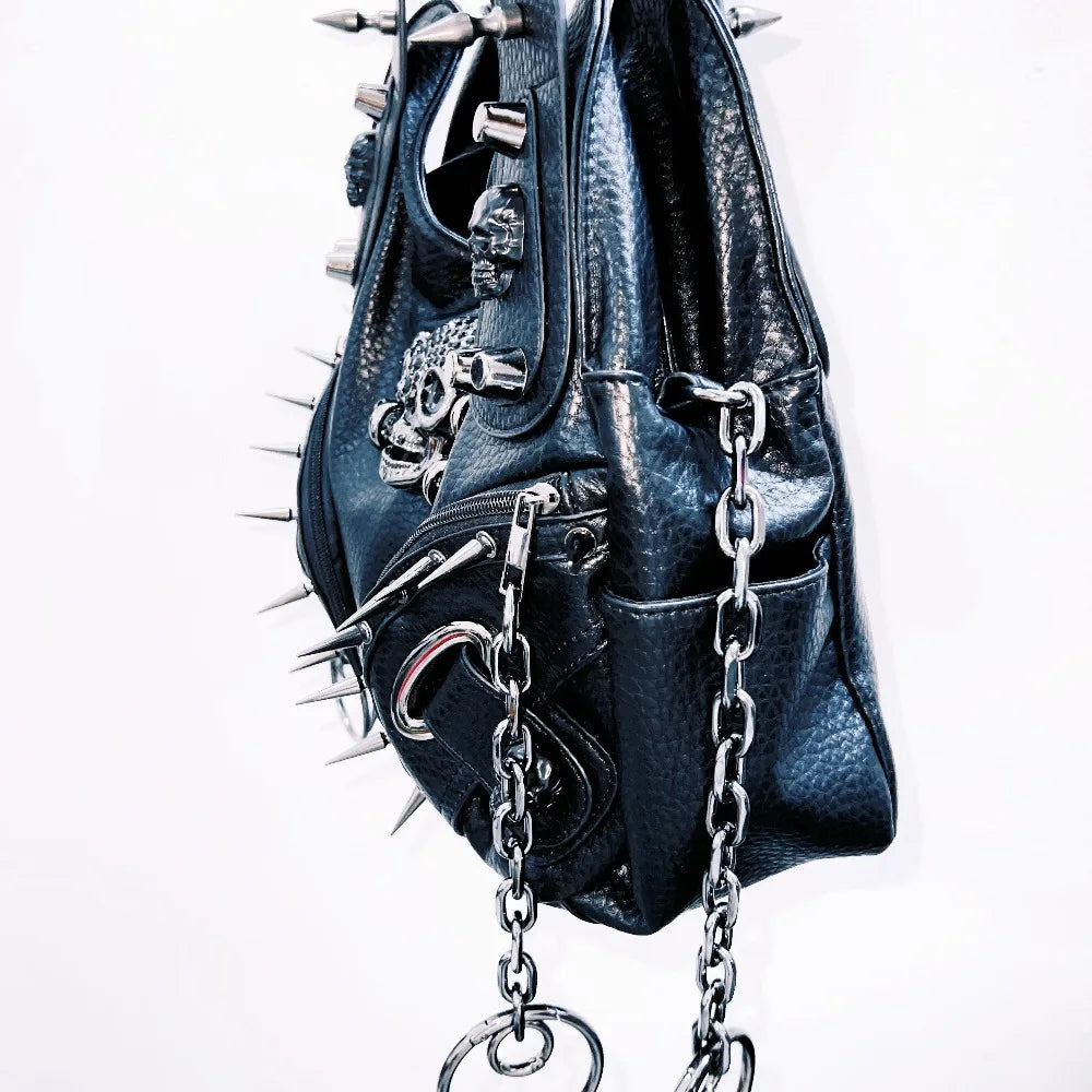 Original Punk Style Black Leather Hip Hop Rock Metal Bag Rivet Skull Bag Goth Punk Shoulder Bag