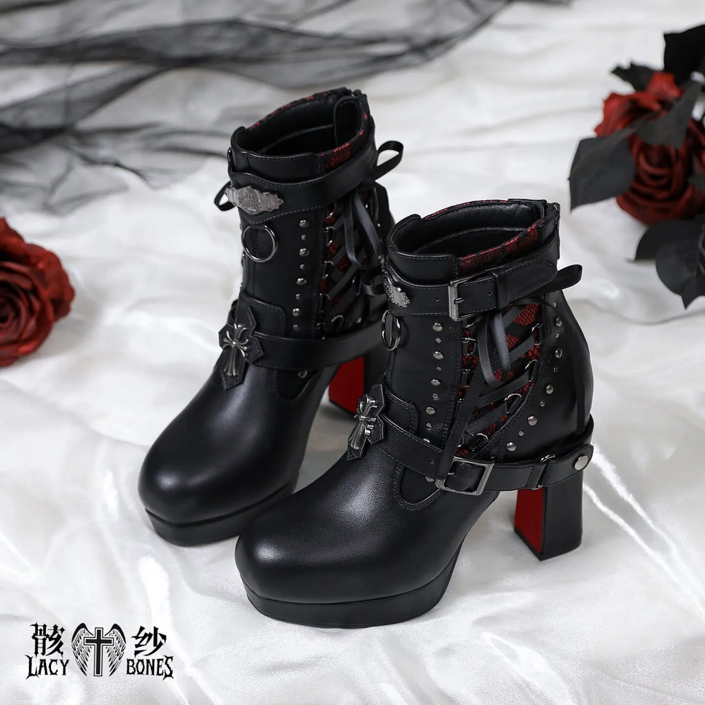 Punk Gothic Style Chunky Heel Ankle Boots For Women Black Leather With Red Sole Cross & Rivet Decor Aesthetic Lolita Footwear