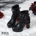 Punk Gothic Style Chunky Heel Ankle Boots For Women Black Leather With Red Sole Cross & Rivet Decor Aesthetic Lolita Footwear