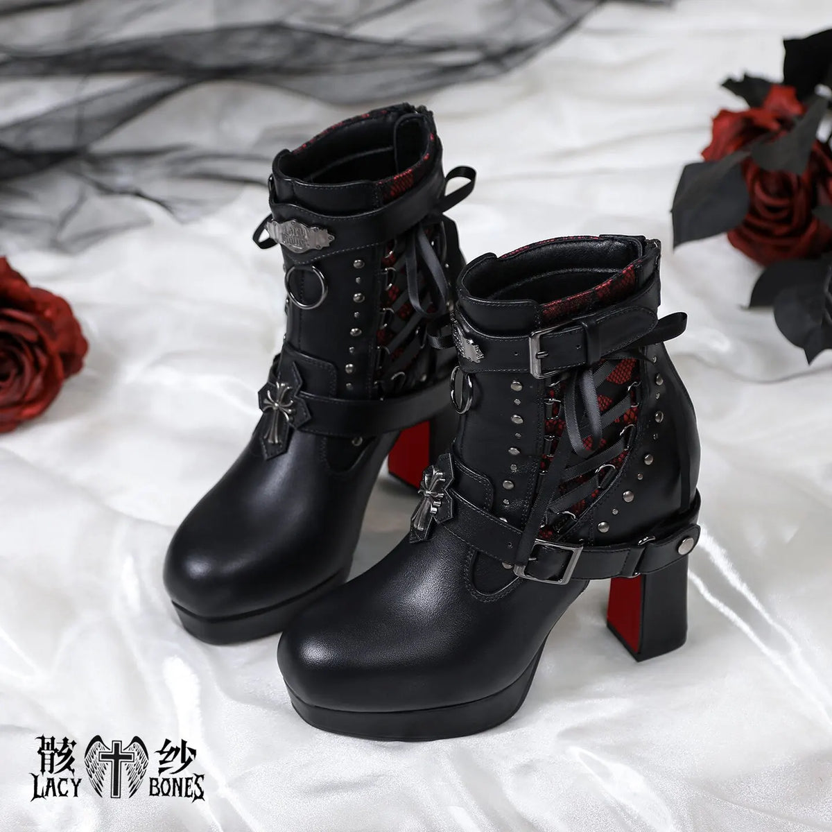 Punk Gothic Style Chunky Heel Ankle Boots For Women Black Leather With Red Sole Cross & Rivet Decor Aesthetic Lolita Footwear