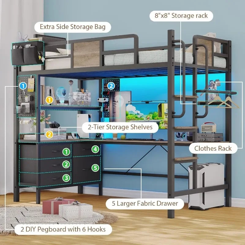Dnxao Twin Loft Bed with Desk and 5 Storage Drawers,Loft Bed Twin Size with LED Lights and Charging Station Metal Bunk Bed Frame
