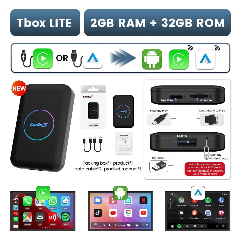 2026 CarlinKit Android TV Box LITE CarPlay Android Auto Wireless USB Adatper Support Netfilx Youtube Spotify For Car Multimedia