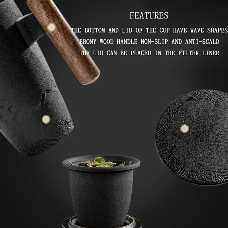 Luxury Retro Tea Cup Ceramic Mug Large Capacity Office Filter Black Water Cup with Cover Mugs Wooden Handle Cups Gift Ideas Box
