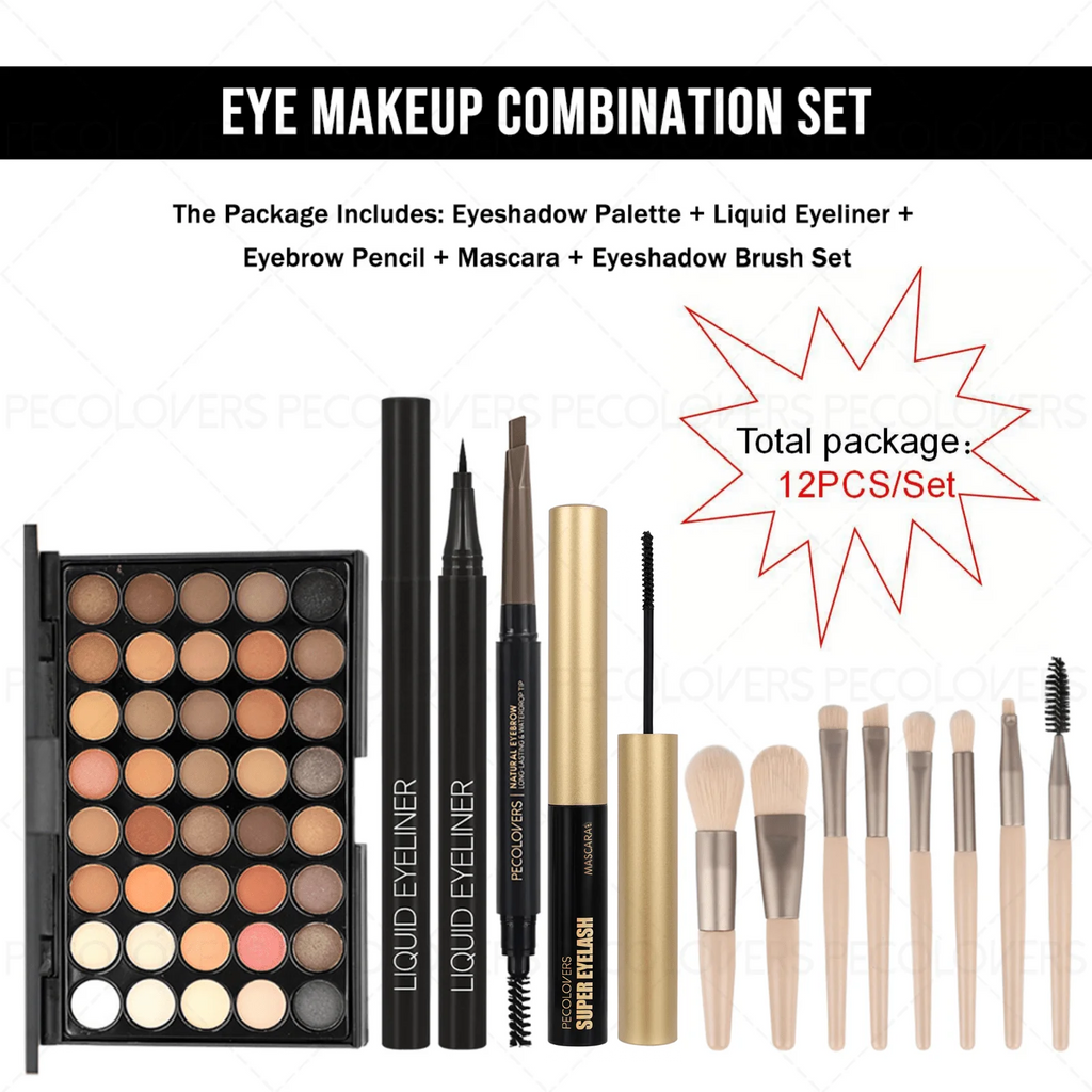 12PCS All-in-One Eye & Brow Makeup Set, 40 Shades Eyeshadow Palette, Eyebrow Pencil, Quick-Dry Liquid Eyeliner, Volumizing Curling Mascara with Brushes, Waterproof Sweat-proof, Matte Shimmer Glitter Eyeshadow Kit for Beginners Daily Party Makeup