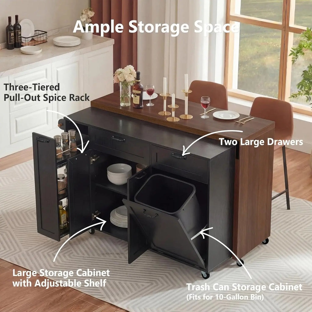 102.3'' Kitchen Island with Extendable Dining Table for 2-4, Rolling Kitchen Island with Trash Can Storage,, Customized
