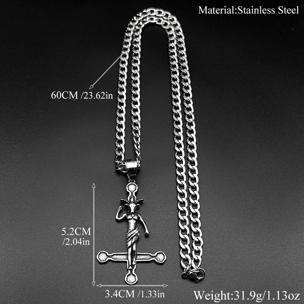 Baphomet Goat Satanic Satan Demon Devil Inverted Cross Pendant Necklace for Women Men Stainless Steel Silver Color Retro Jewelry