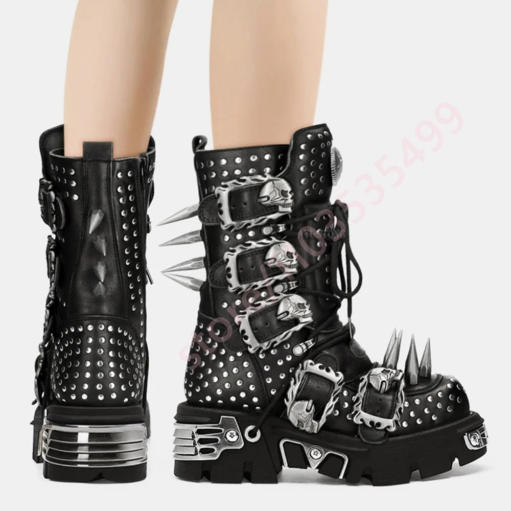 Tank Metal Rivet Rhinestone Rock Motorcycle Boots Round Street Punk Belt Buckle Gothic Boots Fashion Party Sports Casual Boots