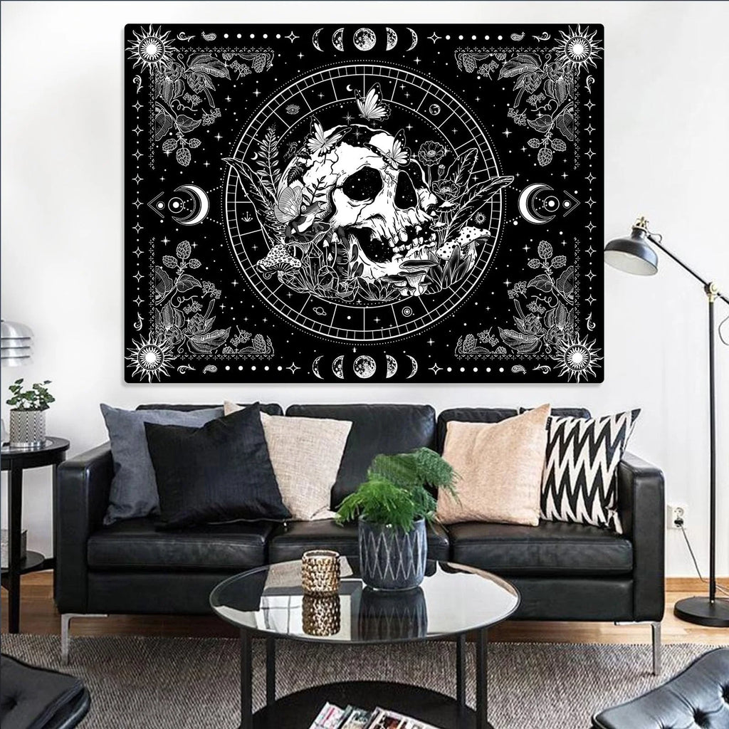 VIKAMA Black and White Skull Tapestry Hippie Natural Botanical Floral Aesthetic Living Room Dormitory Wall Hanging Home Decor