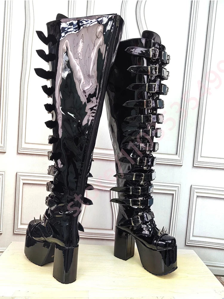 Women's Black Patent Leather Knee-High Boots 2026 New Spiked Rivet Super High Platform Boots Belt Buckle Gothic Punk Party Boot
