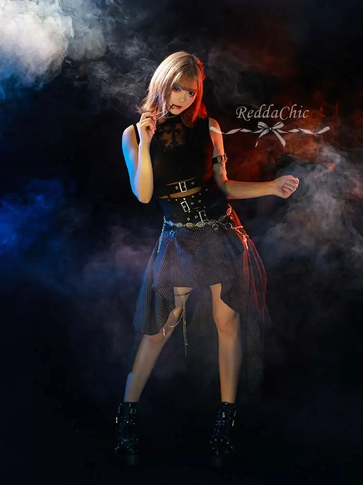 REDDACHiC Lace Hollow Sleeveless Top Skirt Women Set Goth Black Stripe Bustle Skirt Belt Tank Top Grunge Music Festival Outfits