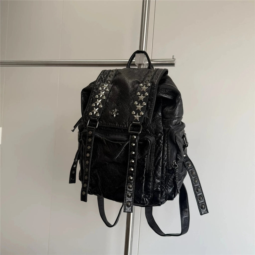 Black Punk Style Backpack Cross Rivet Backpack Unique Retro Goth Backpacks Large Capacity Commuter Bag