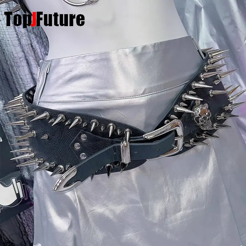 Women's Harajuku Steampunk Y2K Personalized Hip Hop Fashion Spice Girls Belt Waistband Dark Rivet Skeleton Belt Streetwear