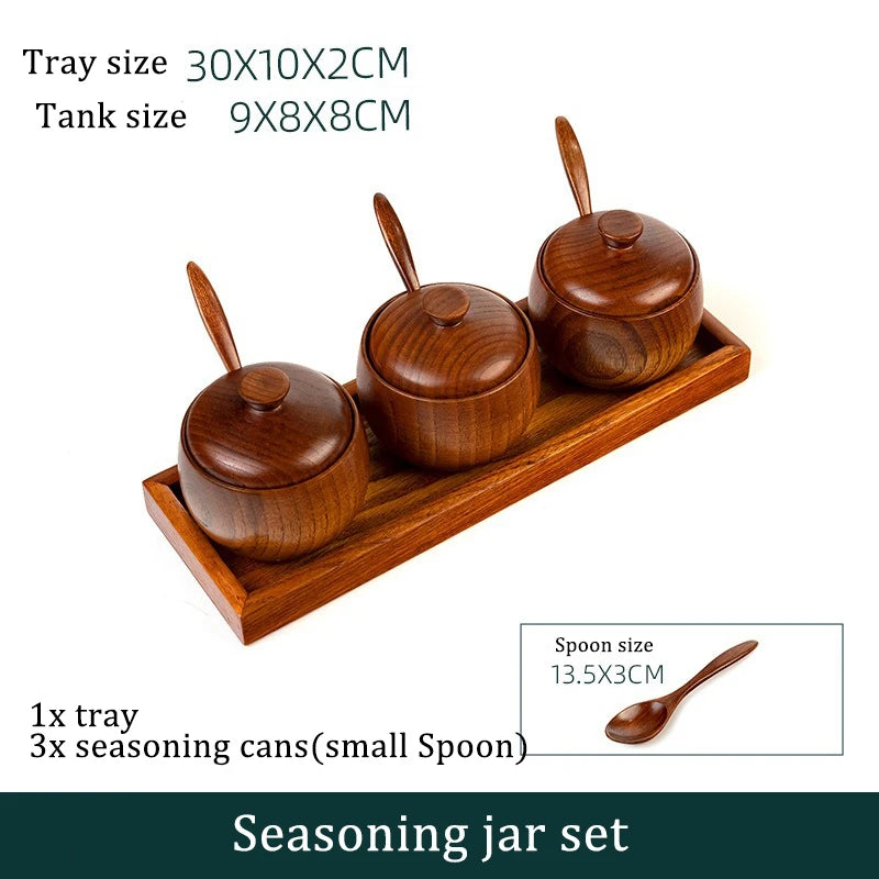 Wooden Seasoning Jar Creative Kitchen Retro Salt Sugar Pot Seasoning Storage Jar With Lid Spoon Wooden Tray Storage Containers