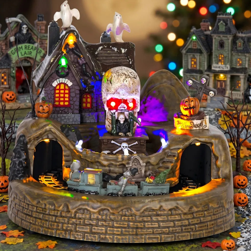 Halloween Holiday Village Train Decor with LED Lights Music Spooky Ghost & Skeleton Figurines, Festive Haunted House Decoration
