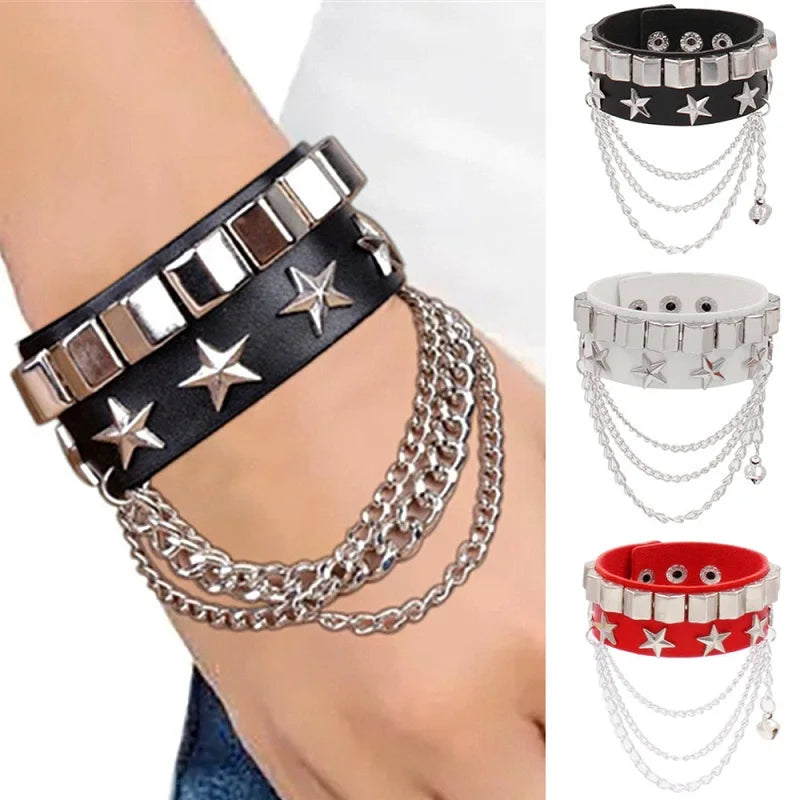 Leather Punk Spike Rock Studded Bracelet Goth Cuff Bracelet Gothic Rivet Buckle Wristband With Metal Chain Skull Accessories