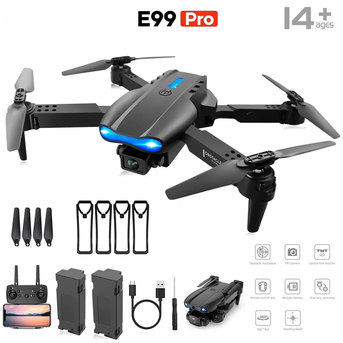 2026 Upgraded E88 PRO MAX Foldable Drone with Dual Cameras, 8K Screen Remote Control, Extra Batteries, One Key Return, Portable RC Quadcopter for Adult Beginners, Black Friday Christmas Holiday Gift