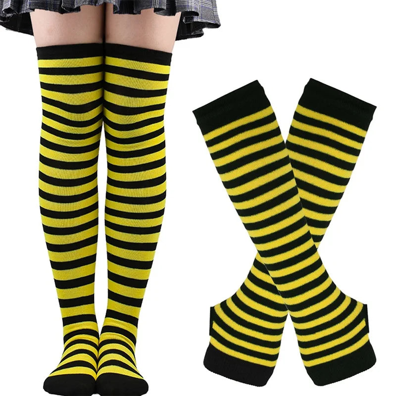 1 Set Women Girls Over Knee Long Stripe Thigh High Cotton Gothic Lolita Socks Arm Sleeve Gloves Sweet Cute Black Overknee Socks