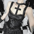 Goth Dark Mall Gothic Jacquard Print Sling Tanks Top Summer Kawaii Cross Bandage Crop Tops Y2K Lace Stitch Slim Vests Teachwear