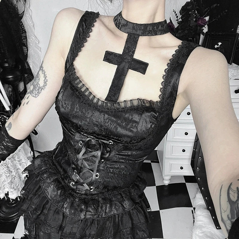 Goth Dark Mall Gothic Jacquard Print Sling Tanks Top Summer Kawaii Cross Bandage Crop Tops Y2K Lace Stitch Slim Vests Teachwear