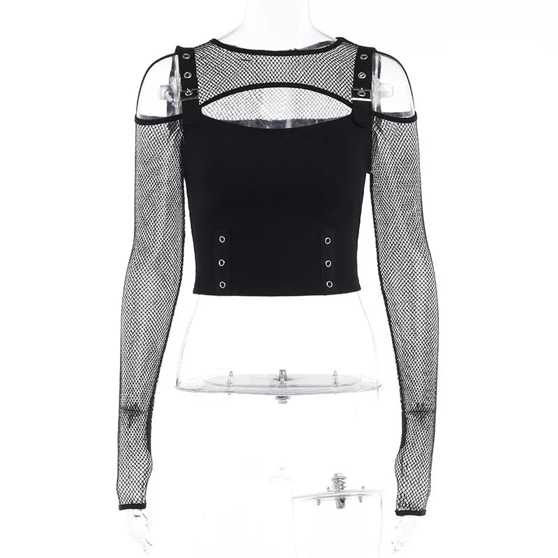 Goth Dark Mall Gothic Fishnet Patchwork T-shirts Grunge Punk Hollow Out Buckle Crop Tops Techwear Fashion Female Alt Streetwear