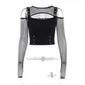 Goth Dark Mall Gothic Fishnet Patchwork T-shirts Grunge Punk Hollow Out Buckle Crop Tops Techwear Fashion Female Alt Streetwear