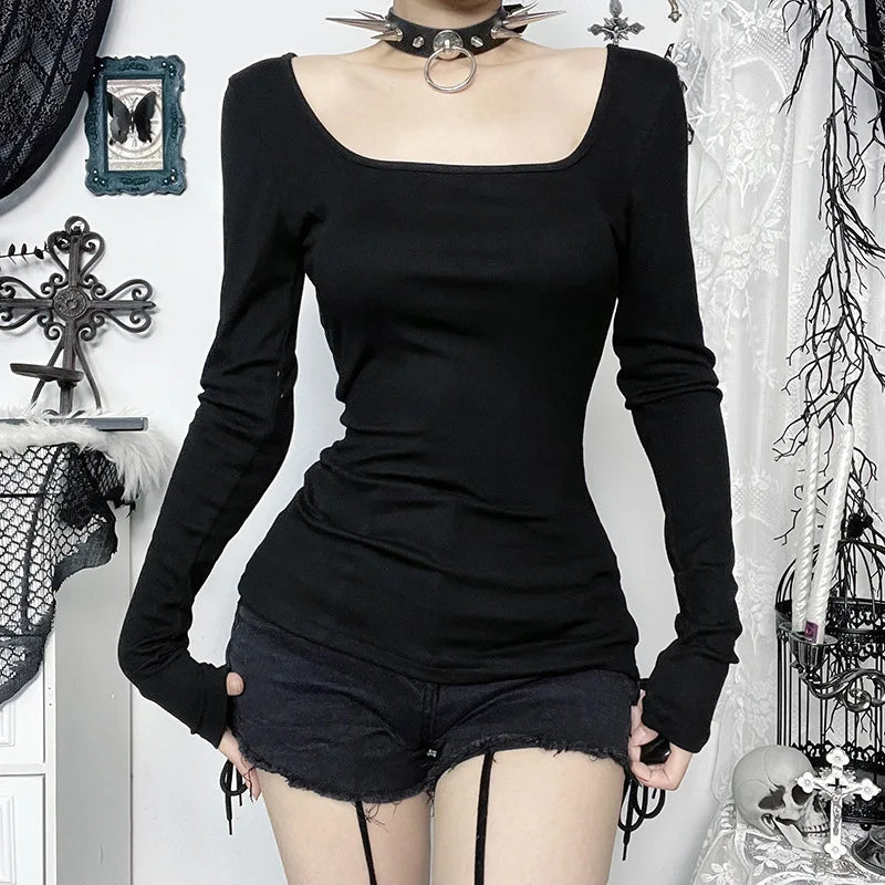 Goth Dark Sexy Lace Patchwork Cross Long Sleeve Pulloves T-shirts Cyber Y2K Women Streetwear Mall Gothic Slim Tops Alt T-shirt