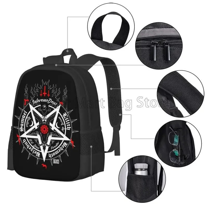 Black Satan Skull Women Dead Head Mystical Circle Esoteric Halloween Demon Travel Backpack Lightweight Water Resistant Daypack
