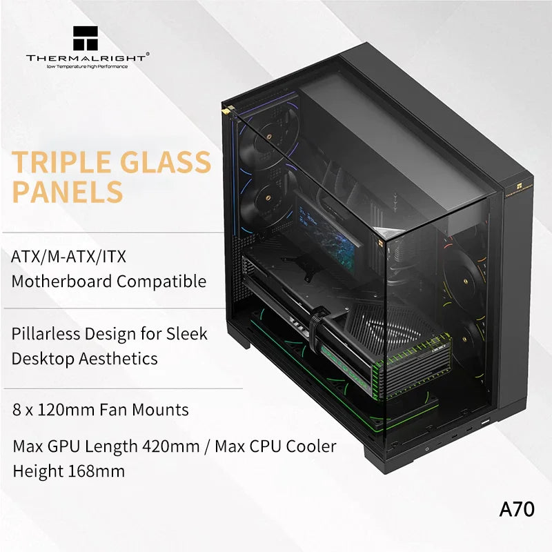Thermalright A70 Panoramic Pillarless Mid-Tower Gaming Desktop Case - Three-Sided Glass Panels / Supports 360mm Liquid Cooling