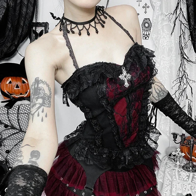 AltGoth Gothic Hotsweet Camisole Women Vintage Aesthetic Y2k E-girl Hipster Lace Patchwork Halter Crop Tank Tops Cosplay Clothes