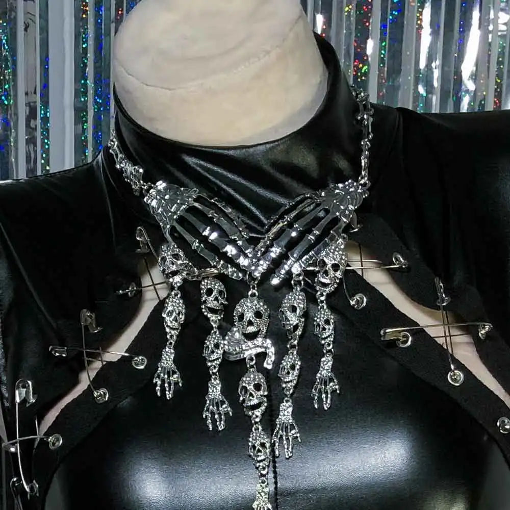 Y2K Skull Harajuku Grunge Gothic PU Leather Dress for Teen Girls Safe Pins Rave Festival Punk Rock DIY Kawaii Goth Emo E-Girl