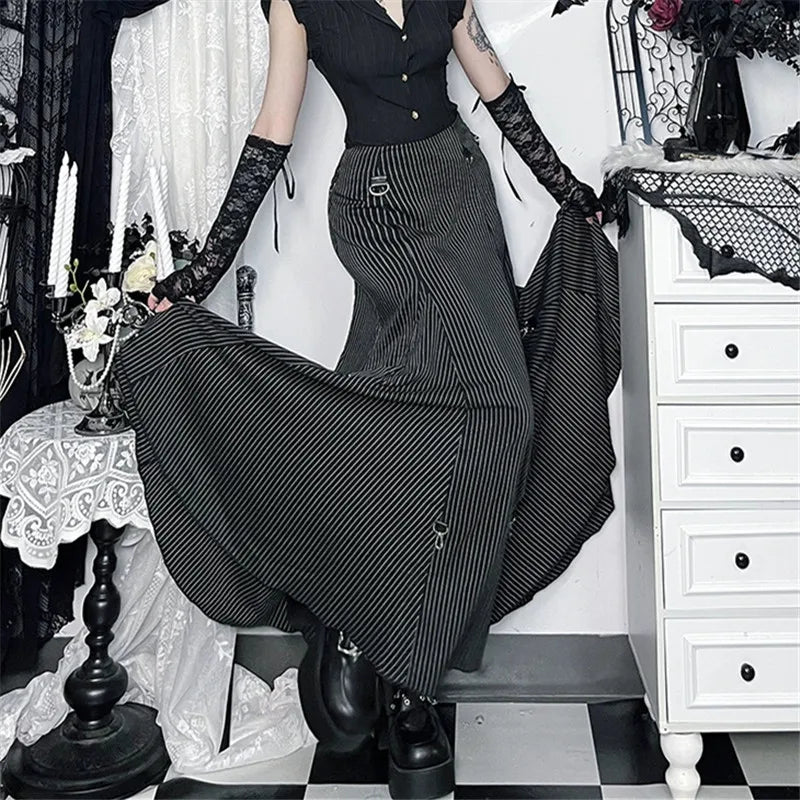 Goth Dark Women Fashion Striped Zipper Skirts Alt Streetwear Cyber Y2K Bottoms Mall Gothic Big Swing Skirt Casual Holiday Outfit