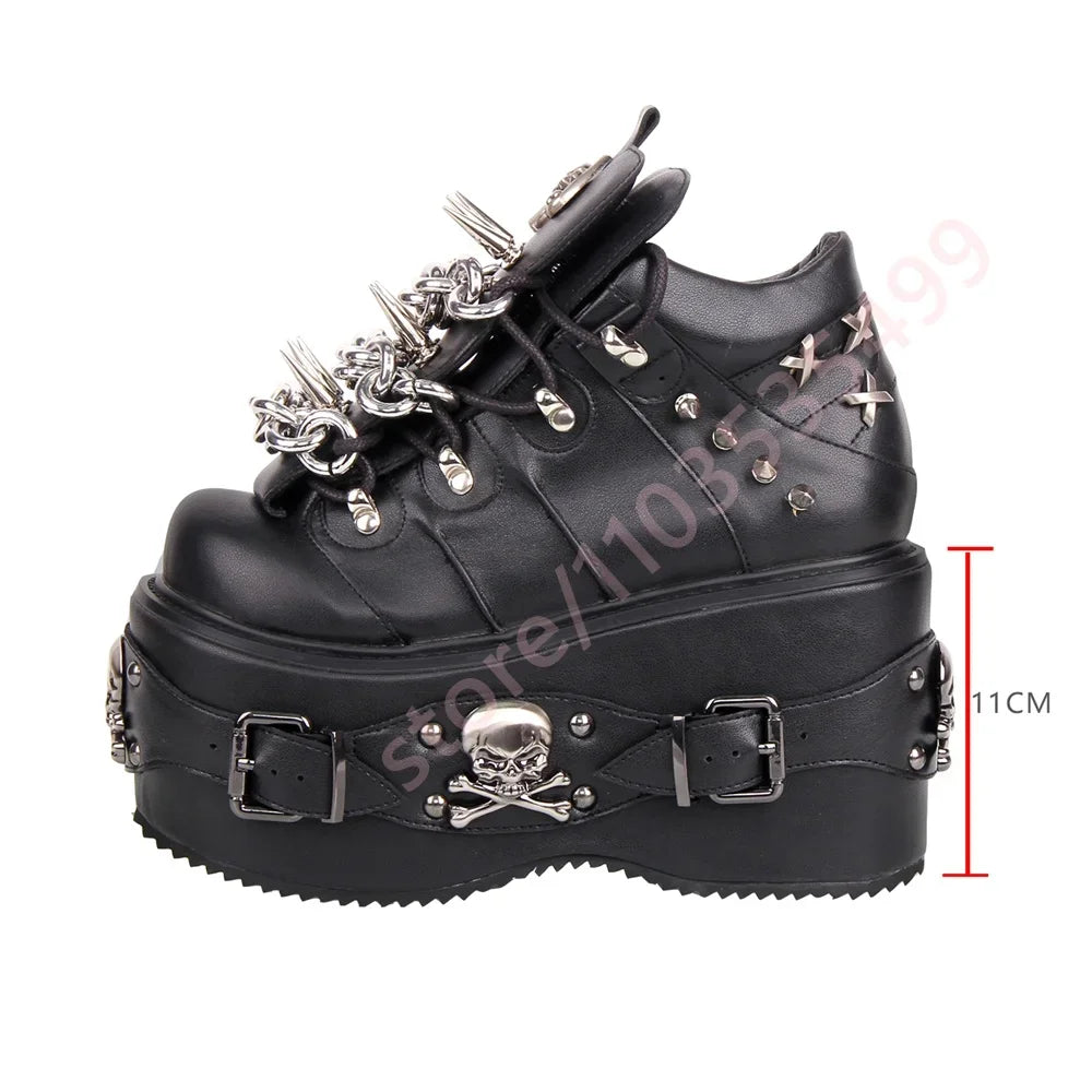 Black Cyberpunk Motorcycle Boots with Chain Rivet Round Toe Street Rock Belt Buckle Short Fashion Party Casual Boot for Women