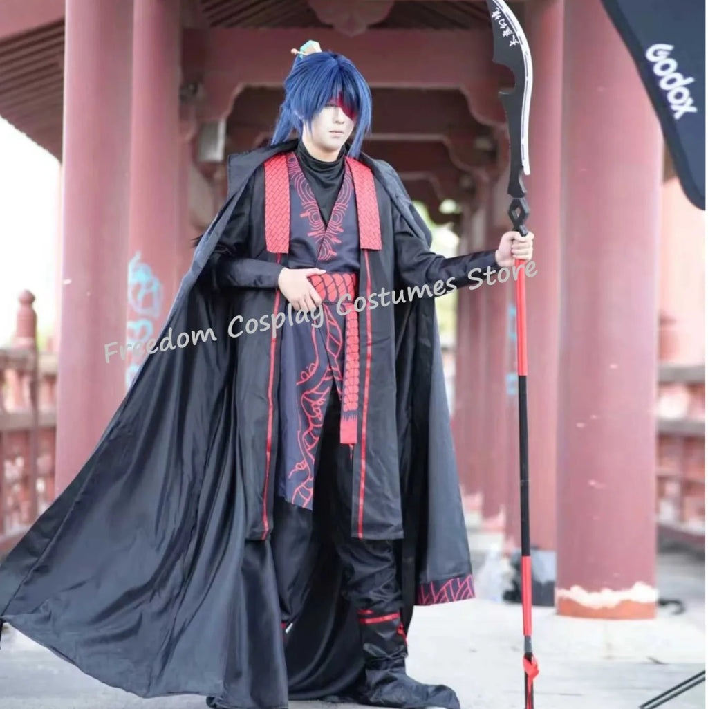 Anime Game Limbus Company Jia Qiu Cosplay Costume wig Black Hanfu Cape Coat Pants Set Men Women Halloween Party Performance suit