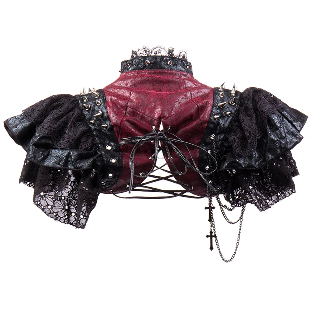 Red Leather & Black Lace Rivets Chains y2k Vintage Jacket Steampunk Costume Women Gothic Clothing Rock Rave Coat Cool Streetwear