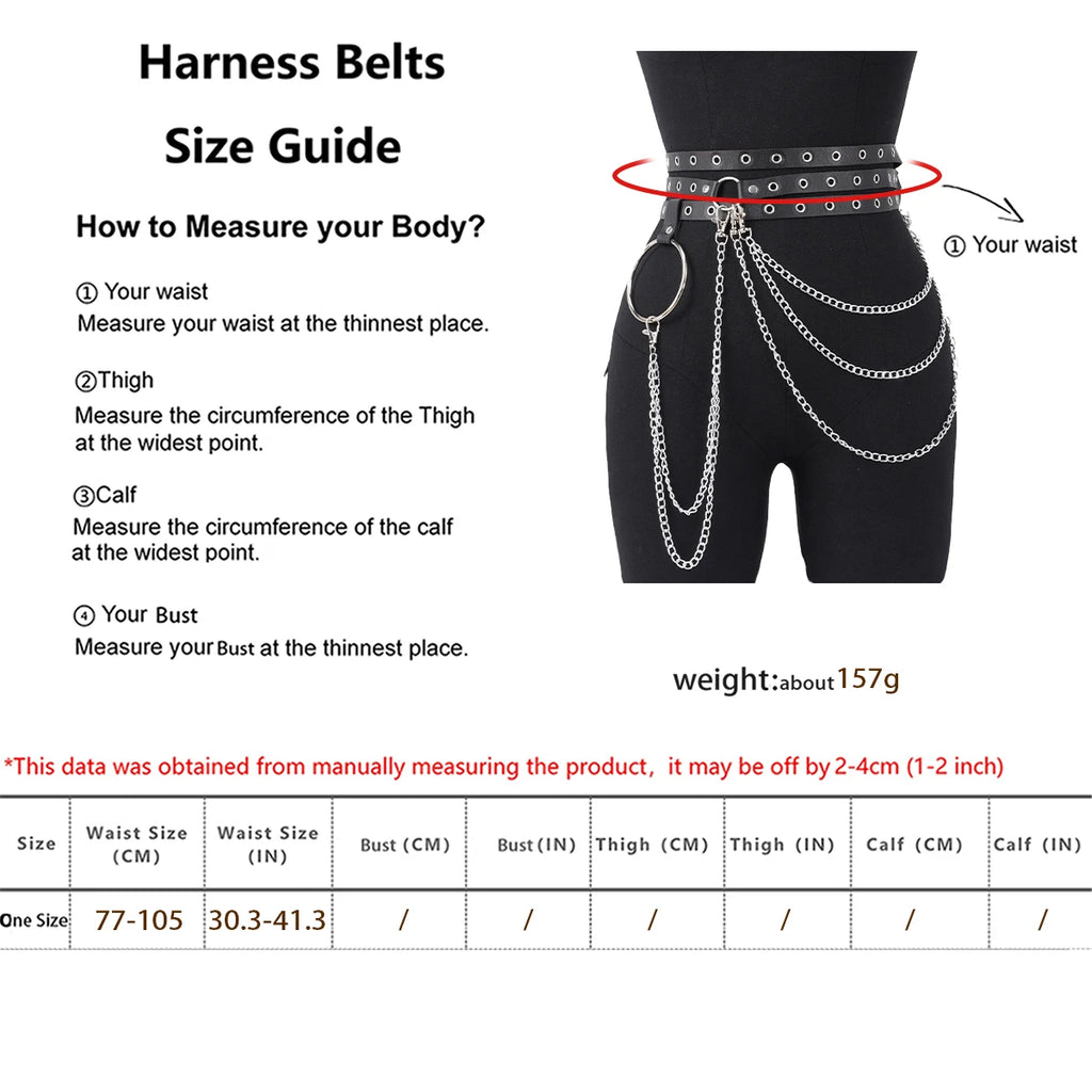 Punk Gothic Adjustable Multi‑layer PU Leather Waist‑leg Harness Belt with Chain Decor for Women, Street‑style Body Chain Accesso