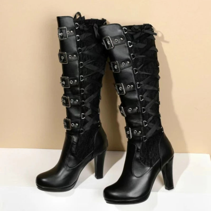 Punk Gothic Style Women's Knee High Boots Ladies Motorcycle Boots Comfort Long Tube Knight Boots Platform High Heels Women Shoes