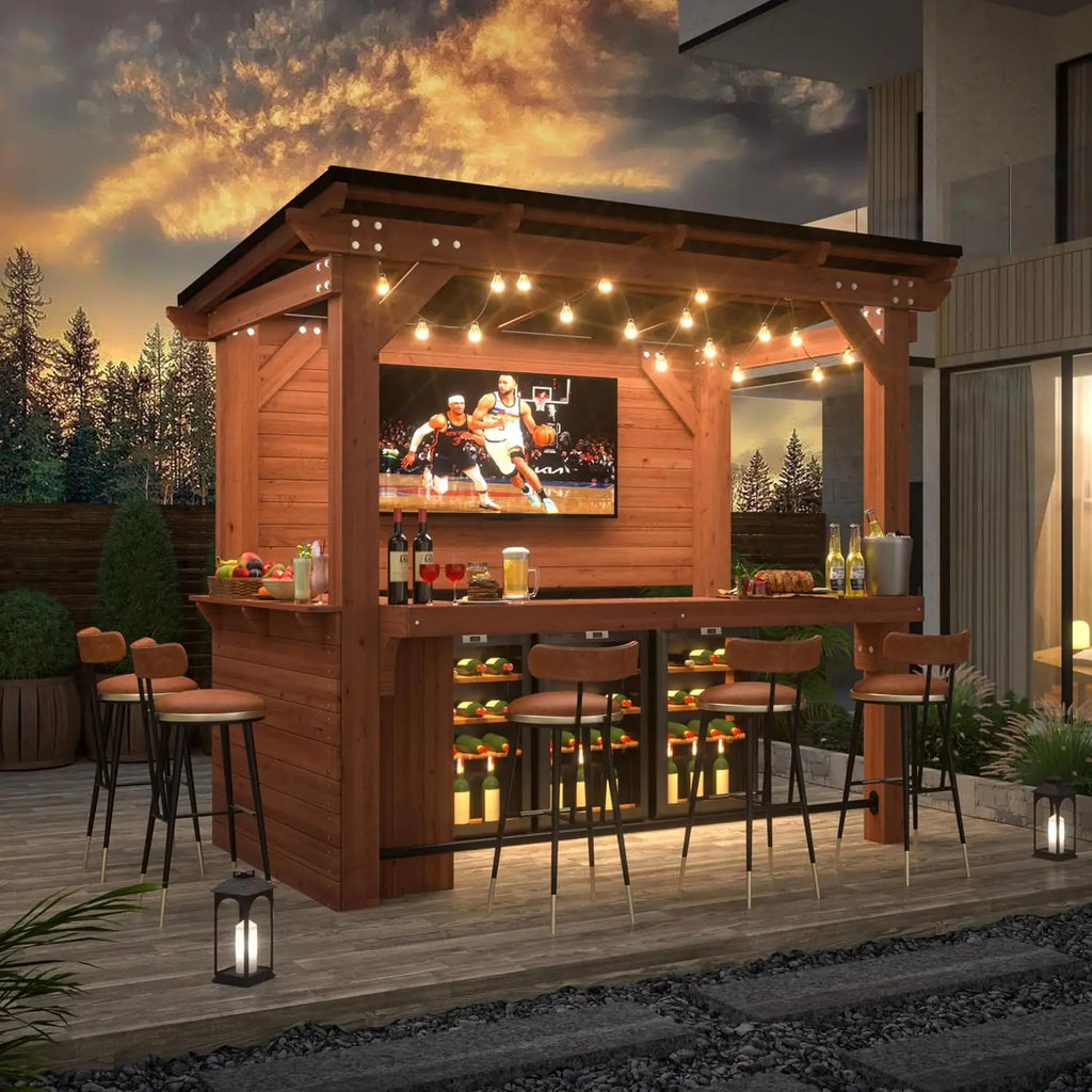 6 x 8.5FT Wood Outdoor Bar Gazebo, Entertainment Bar with TV Mount, Customized