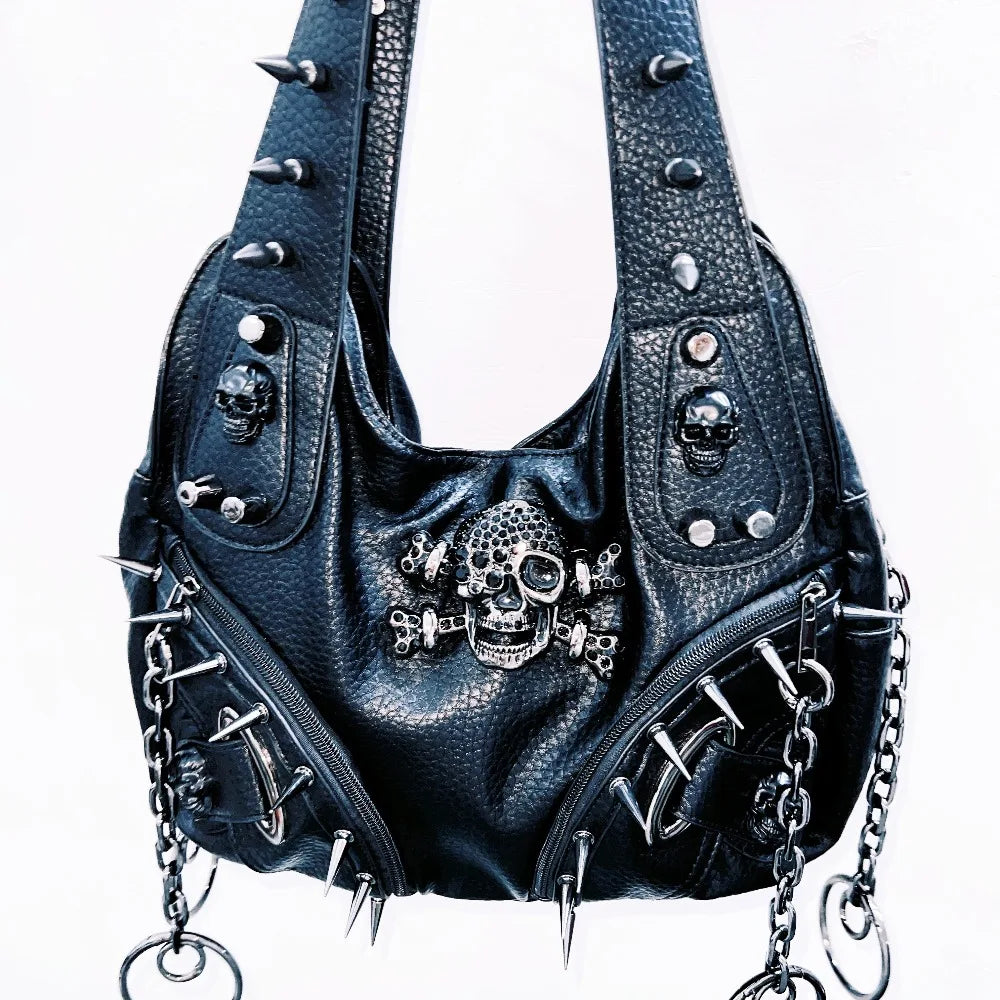 Original Punk Style Black Leather Hip Hop Rock Metal Bag Rivet Skull Bag Goth Punk Shoulder Bag