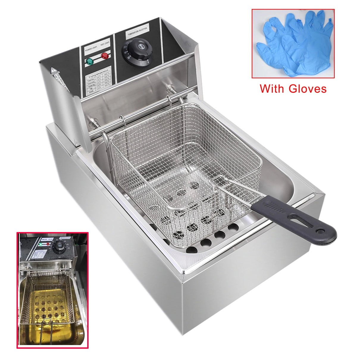 One Electric Deep Fryer with Filter Plate and Frying Basket, with Gloves Tank Stainless Steel Fryer for French Fries, Chicken, And Snacks, Adjustable Temperature Control, And The Lid Helps Prevent Hot Oil from Splattering