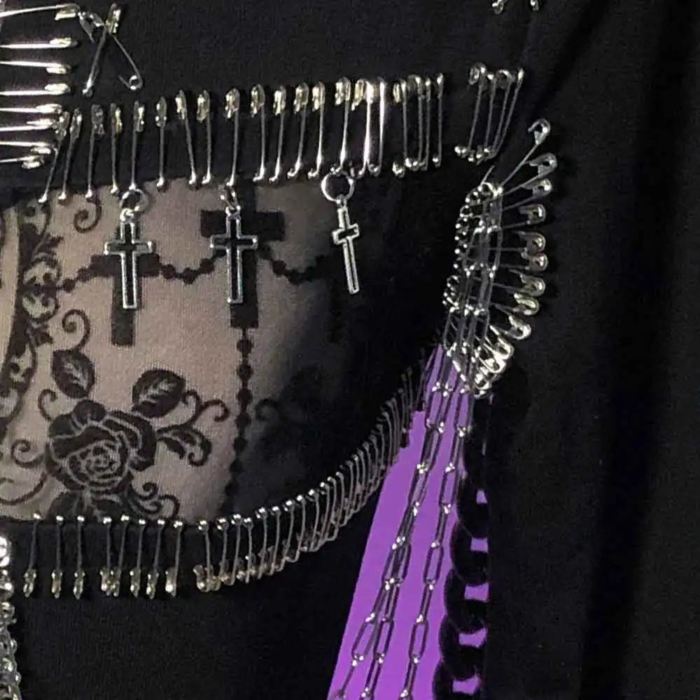 Harajuku Teen Punk Rock DIY E-Girls Gothic T-Shirt Emo Y2K TOPS Cross Grunge Kawaii Eco Goth Hand Made Pin 90s Rave Outfits