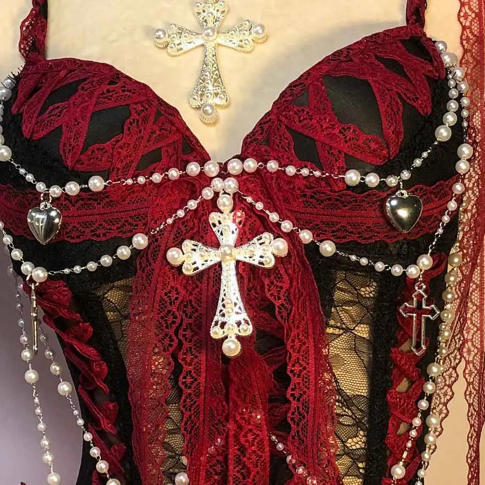 Red Gothic Dress for Women Y2K Rave Cyber Punk Rock Star Goth Cross Lace Scene Emo ALT Grunge E-Girls Lolita Ball Gown Clothing