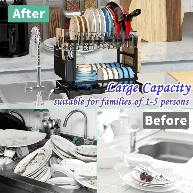 2-Tier Detachable Dish Drying Rack Carbon Steel Multifunctional Countertop Kitchen Organizer with Drainboard Utensil Holder