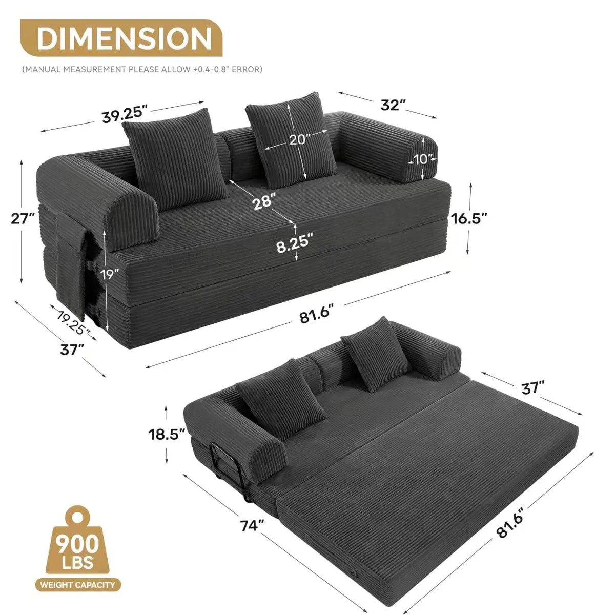 Convertible Coarser Corduroy Sleeper Sofa Bed with Cylindrical Pillow, Folding Mattress Couch with Fixed-Shape, Customized
