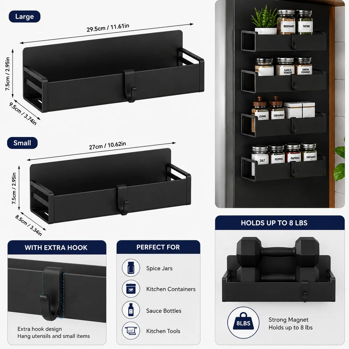 4 Pack Magnetic Spice Rack for Refrigerator, 2 Large & 2 Small Metal Fridge Side Organizer Shelves with Hooks, No Drilling Kitchen Storage Rack