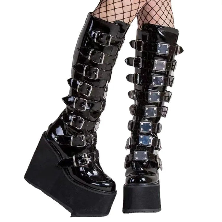 Punk Women Boots Ladies Cosplay High Boots Comfort Long Tube Leather Boots Black Platform High Wedges Women Shoes Gothic Style