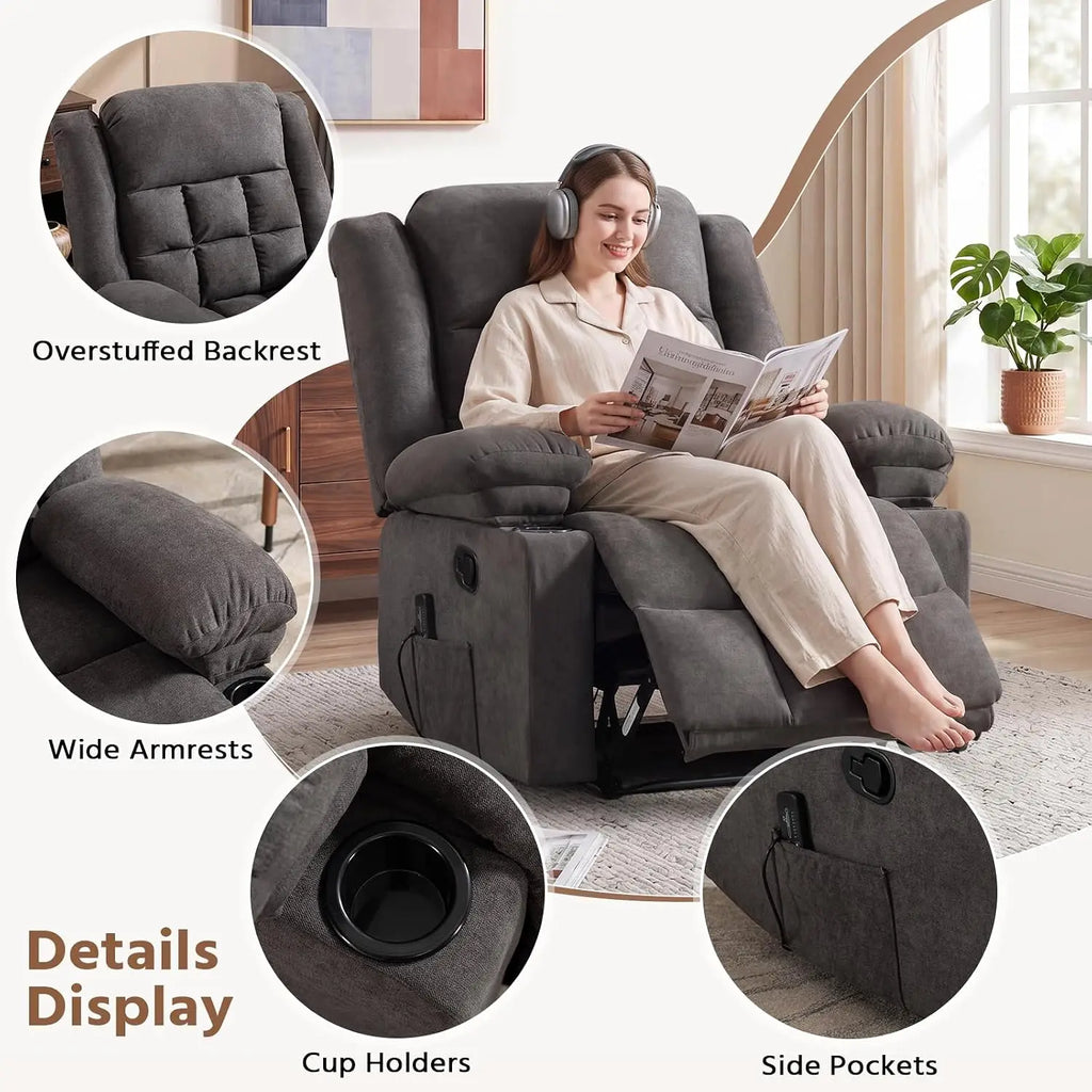 Classic Manual Recliners Set of 2 with Massage and Heat for Adults, Fabric Recliner Chair with Cup Holders & Side, Customized
