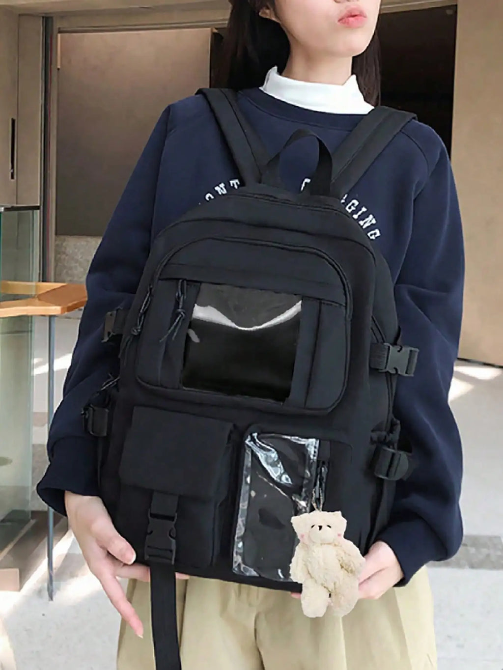 Minimalist Backpack With Practical Buckle Strap Functional Multi-Pocket School Bag For Study Heavy-Duty Laptop Bag